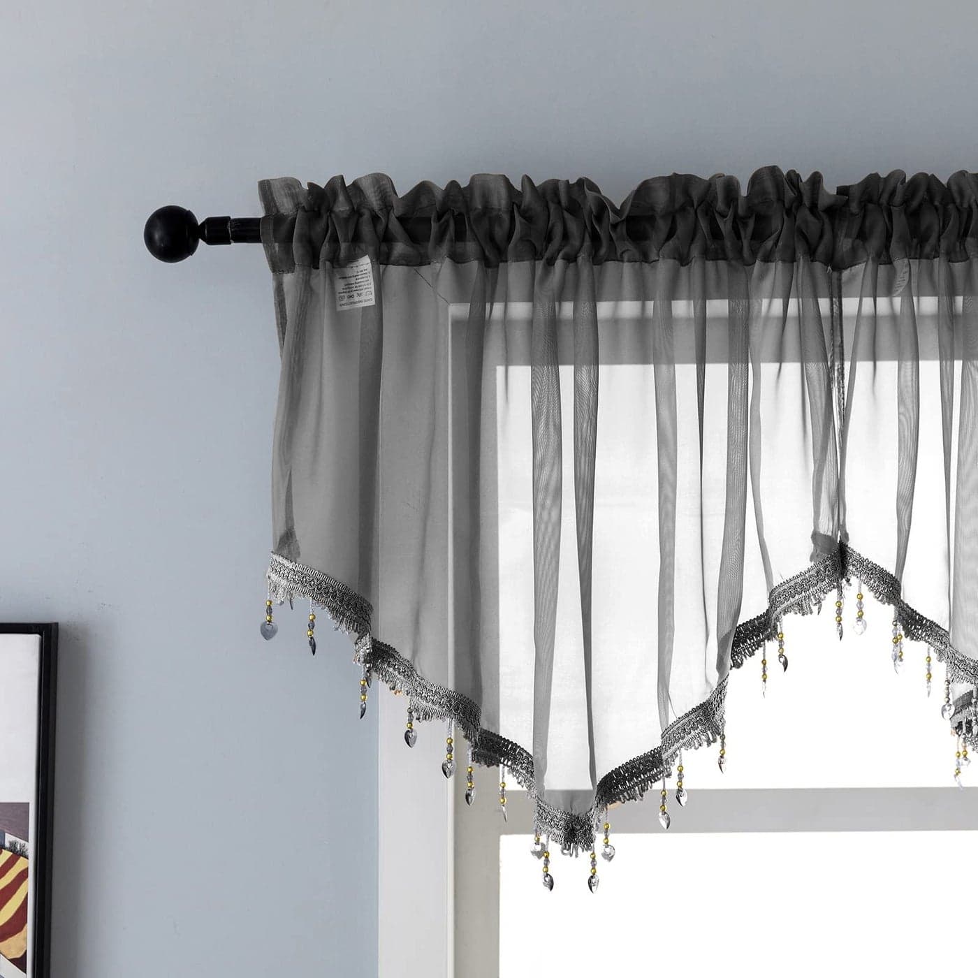 Beaded Sheer Valance Curtains for Living RoomRod Pocket Farmhouse Window Valance Bead Trim Tassel Voile Sheer Curtain Valance for Bedroom Bathroom Cafe 51x24 Inches Black 1PC