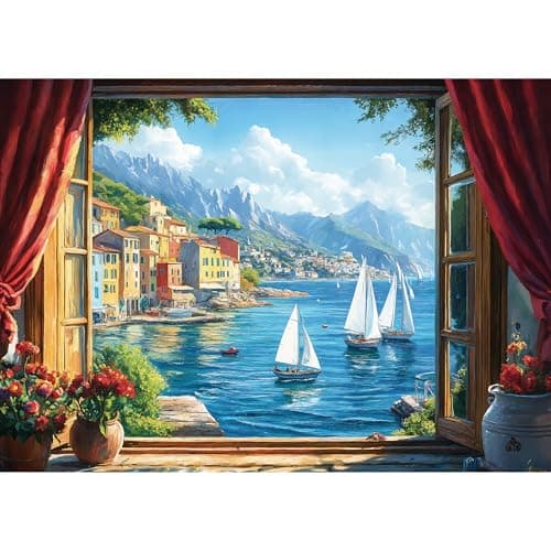 lamplig Puzzles for Adults 1000 Pieces Italy Ocean Coast Seaside Village Window View 1000 Piece Puzzle for Adults Seniors Jigsaw Puzzles with Letters on BackFun Gifts Decor 11 Poster
