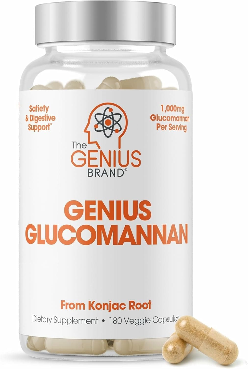 The Genius Brand Genius Glucomannan Glucomannan Capsules for Digestive Health Energy Satiety Support Natural Fiber for Stomach Comfort NonGMO Vegan 180 Veggie Capsules