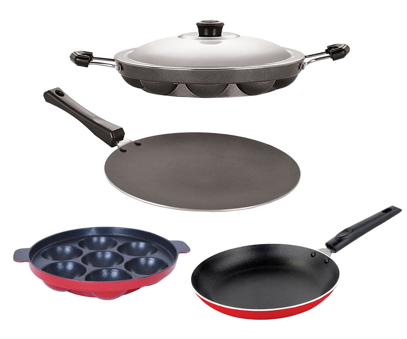 Nirlon Aluminium Cookware Set, 4-Pieces, Red/Black, CT11_TP_AP(7)_AP(12)