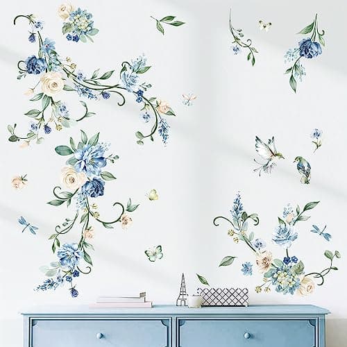 wondever Flower Vines Wall Stickers Blue Rose Watercolor Floral Peel and Stick Wall Art Decals for Bedroom Living Room TV Wall