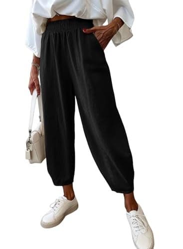 Dokotoo Women's Black Pants for Women Baggy Wide Leg Casual Elastic Waisted Trousers Loose Cargo Palazzo Comfort Cotton Lounge Harem Capris Pants with Pockets Travel Vacation Outfits