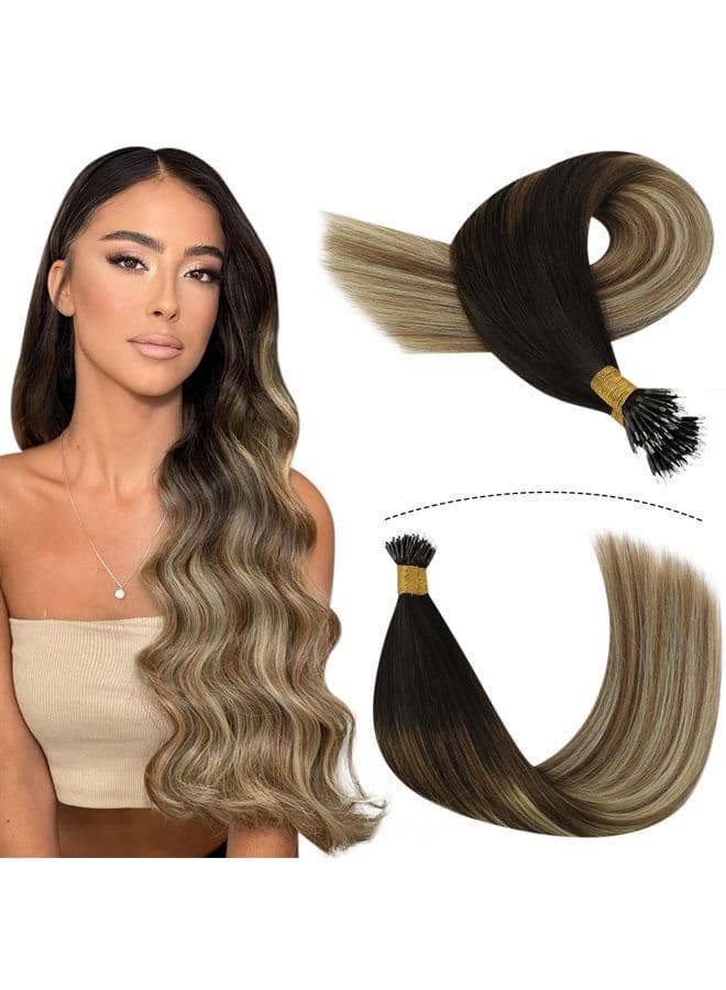 Nano Bead Hair Extensions Human Hair Dark Brown 16 Inch Nano Ring Hair Extensions Human Hair Darkest Brown to Blonde with Medium Brown Balayage Nano Bead Hair Extensions 1G/S 50 Strands