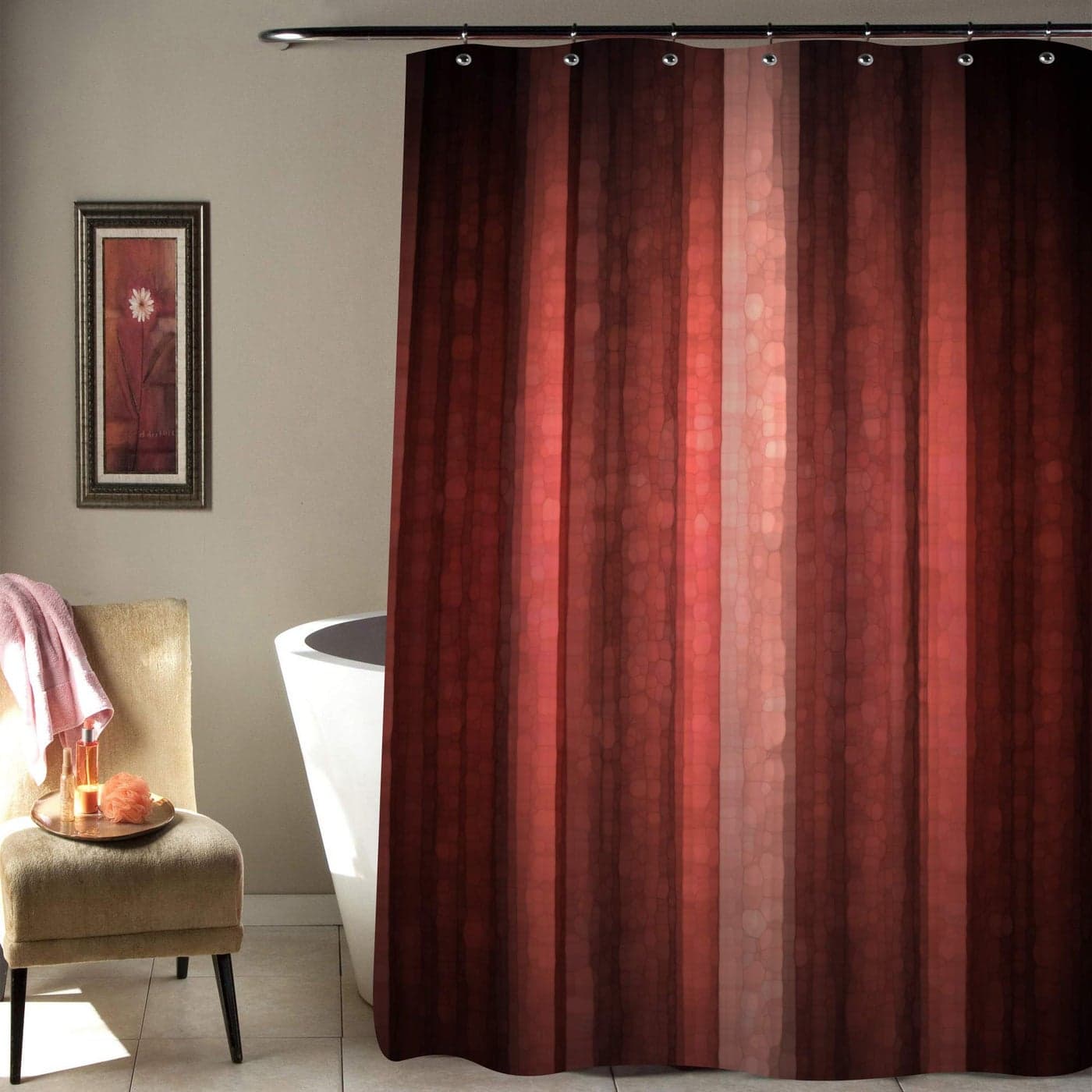 Gibelle Red Striped Shower Curtain Burgundy Marron Neon Red Modern Vintage Elegant Shower Curtain Abstract Mosaic Glass Texture and Dark Stripe Art Decorative Fabric Bathroom Decor 72 W x 72 L