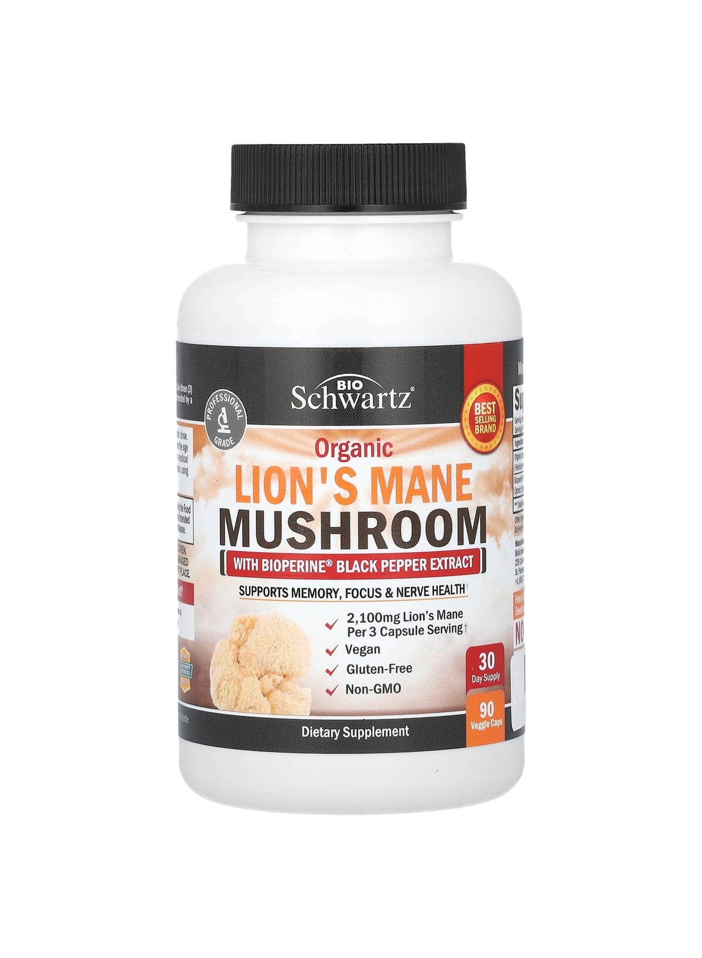 Organic Lion's Mane Mushroom with Bioperine Black Pepper Extract, 90 Veggie Caps