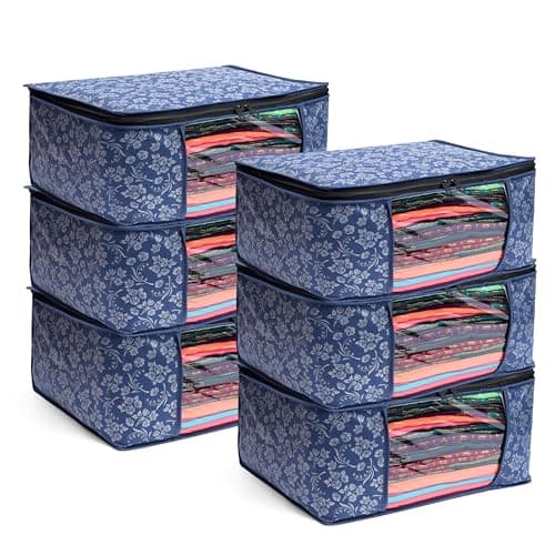 LAXIS® Saree Covers With Zip Non-Woven Printed Saree Cover/Saree Organizer For Wardrobe/Cloth Storage With Transparent Window/Saree Bags Storage/Clothes Organizer (Blue- Pack of 6)