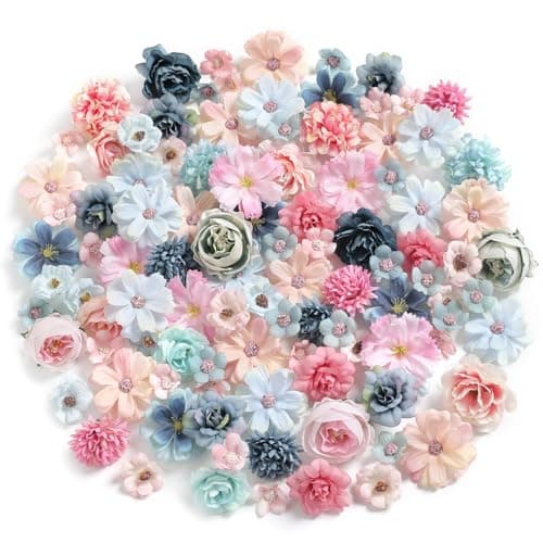 rongflower Faux Flower Heads Small Silk Artificial Flower DIY Fake Mini Flowers Rose Daisy Flowers Craft Supplies for Wedding Party Wreath Graduation Season Party Home Decor (125, Blue Pink)