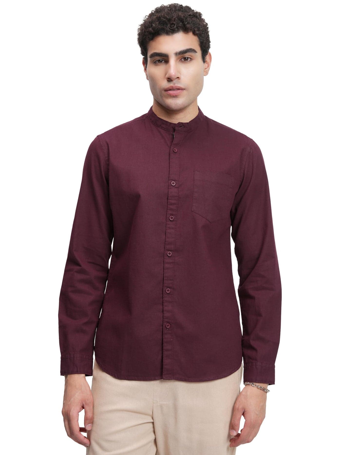 Highlander Men's Slim Fit Solid Casual Shirt | Versatile Wardrobe Essential with Full Sleeves & Button Closure Maroon