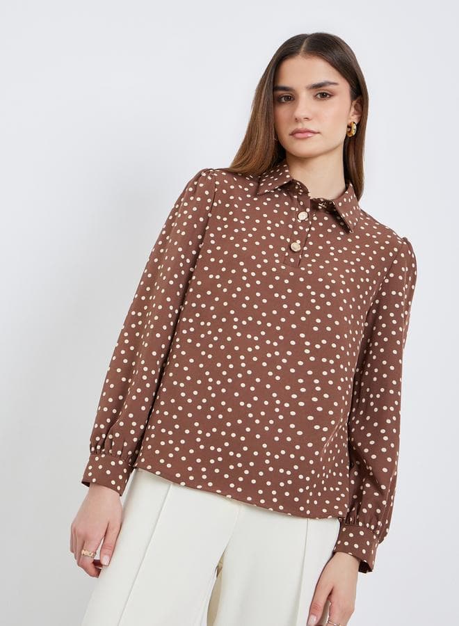 Women Brown Polka Dot Long Sleeve Shirt — L