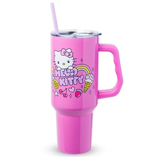 Silver Buffalo Sanrio Hello Kitty Summer Stainless Steel Tumbler with Handle, Fits in Standard Cup Holder, 40 Ounces