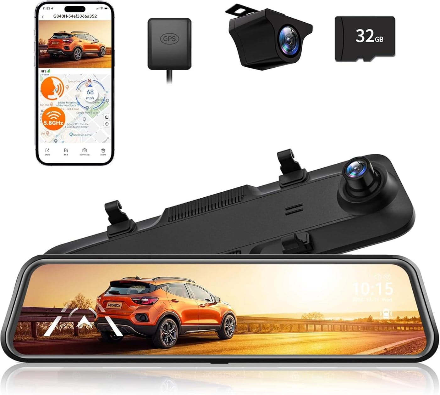 WOLFBOX G840H Mirror Dash Cam with GPS and 32GB Card