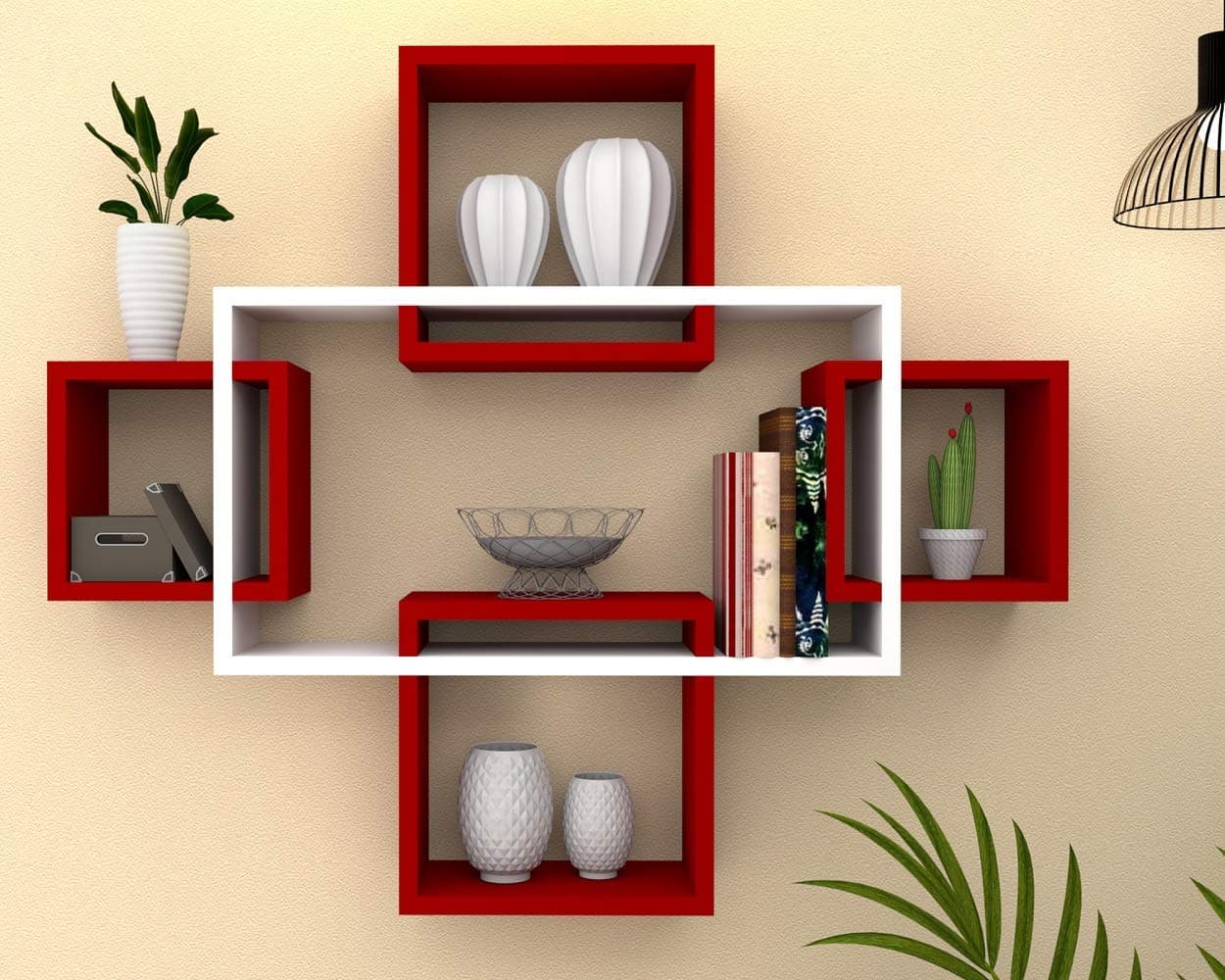 DDS Engineered Wood Wall Decor Floating Shelf Display Rack 5 intersecting Decorative Living Room Shelves Décor for Living Room Bed Rooms Hall Etc. (RED White)