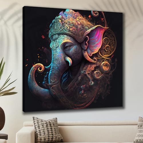 SAF painting Divine Ganesha Abstract Wall Art – Intricate Neon Lord Ganesha Canvas | Vibrant Spiritual Elephant God Painting for Living Room, Puja Corner, or Meditation Space 30 Inch x 30 Inch