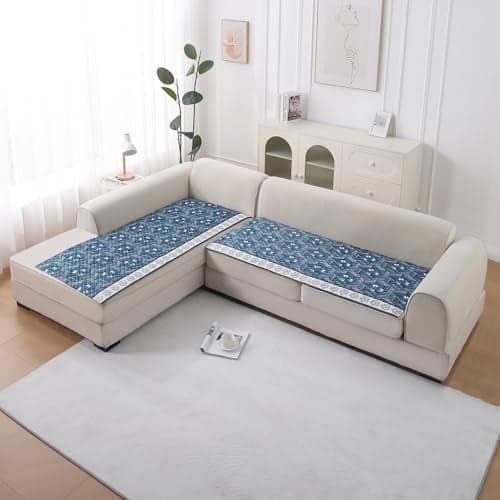 HOKIPO 'LiefNest' Printed Holland Velvet L Shape (2+2 Seater) Sofa Cover Seat Mat with Foam Filling, Geometric Floral Oriental Blue (IN-822-D4 + IN-823-D4)