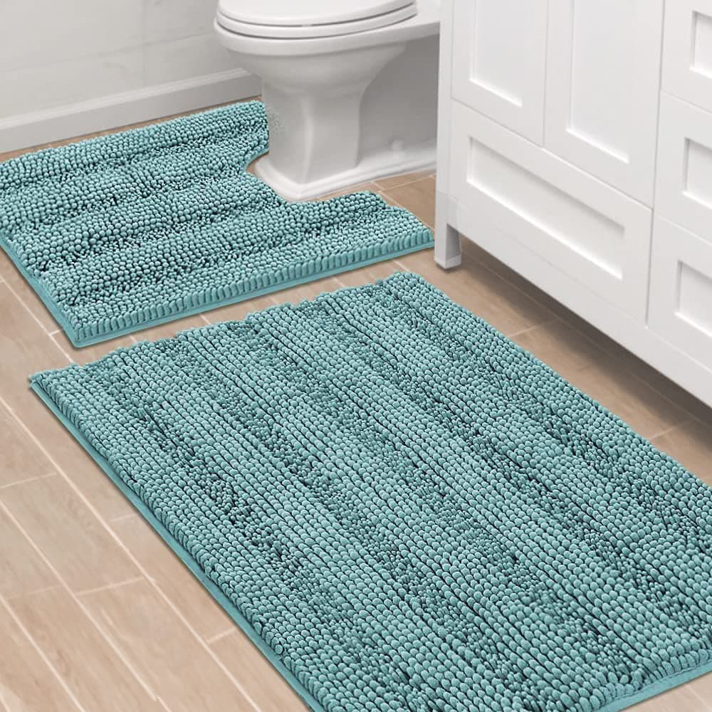 HVERSAILTEX Bathroom Rugs Bath Rug Set 2 Piece Bathroom Contour Rug Toilet Mat Sets Non Slip Contour Bath Rug Ultra Thick Water Absorbent Striped Bath Mats36 x 24 Plus 20 x 24 U Aqua Haze