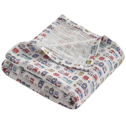 NTBAY Muslin Baby Swaddle Blanket, 2-Layer, 30x40 Lightweight Receiving Blanket for Newborns and Infants, Crib Stroller Travel Use, Cartoon Train