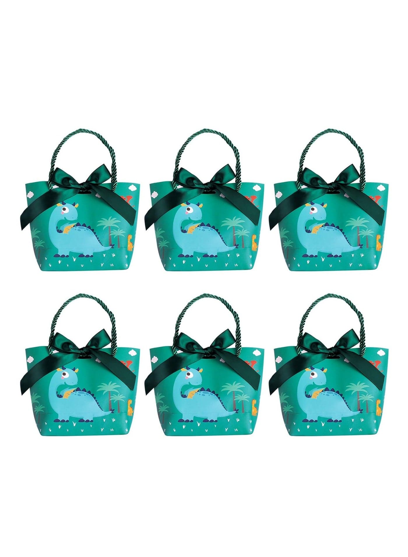 Dinosaur Gift Bags, with Handles and Bowknot, 6 Pcs Green Paper Bags Party Treat Favor for Goodie Birthday, Baby Shower, Graduations (19x20x9 cm)
