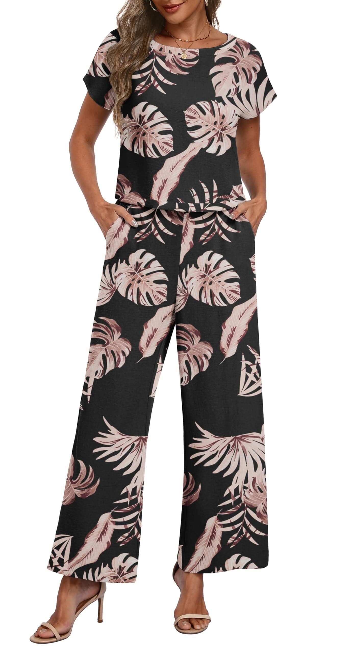 Lepunuo Summer 2 Piece Sets for Women Cap Sleeve Crop Top Wide Leg Pants Lounge Set Matching Travel Vacation Beach Outfits