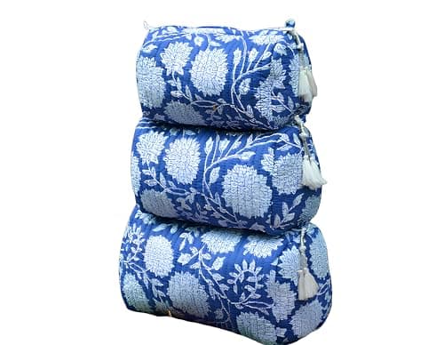 INDACORIFY 100 Cotton Block Print Cosmetic Toiletry Bags Boho Beauty Toiletry Kits Travel Case Pouch for Womens Printed Cotton Tote Bag Pattern 1