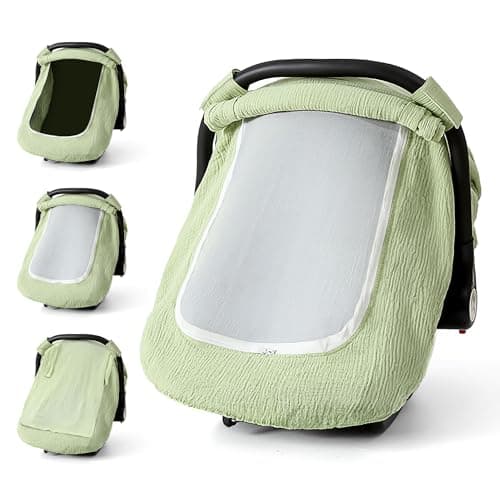 Muslin Cotton Car Seat Cover Baby Universal Fit Carseat Cover for Baby Infant Car Seat Cover with Mesh Peep Window Baby Car Seat Cover for Carrier Stroller High Chair Shopping Cart Green