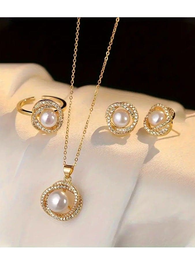 4pcs Fashionable Elegant Imitation pearl Ring Necklace Earrings New Year Birthday Party Gifts Jewelry To Family And Friends