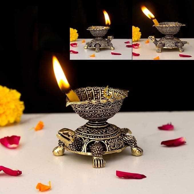 INDICAST Brass Brass Diya Oil Puja Lamp Dia with Tortoise Base Antique Finished Deepak for Home Temple Pooja Articles Decor Gifts (4x7x4 cms, 65gm)