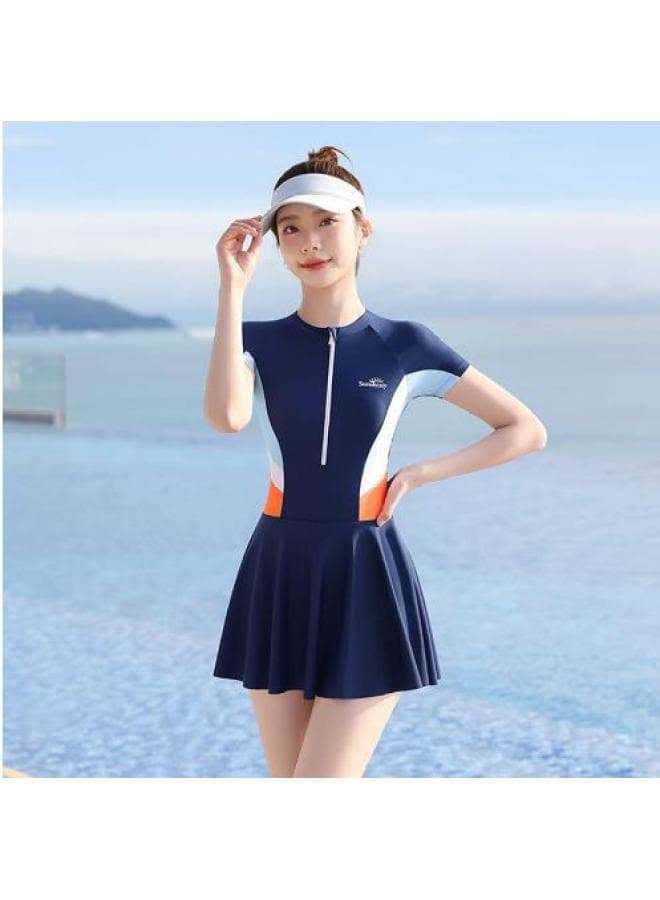Swimsuit Women's Hot Spring 2023 Hot Style Fashion Sports Internet Popular Style Conservative Slim Special One-piece Skirt Swimsuit-Color:13116 Navy Blue-