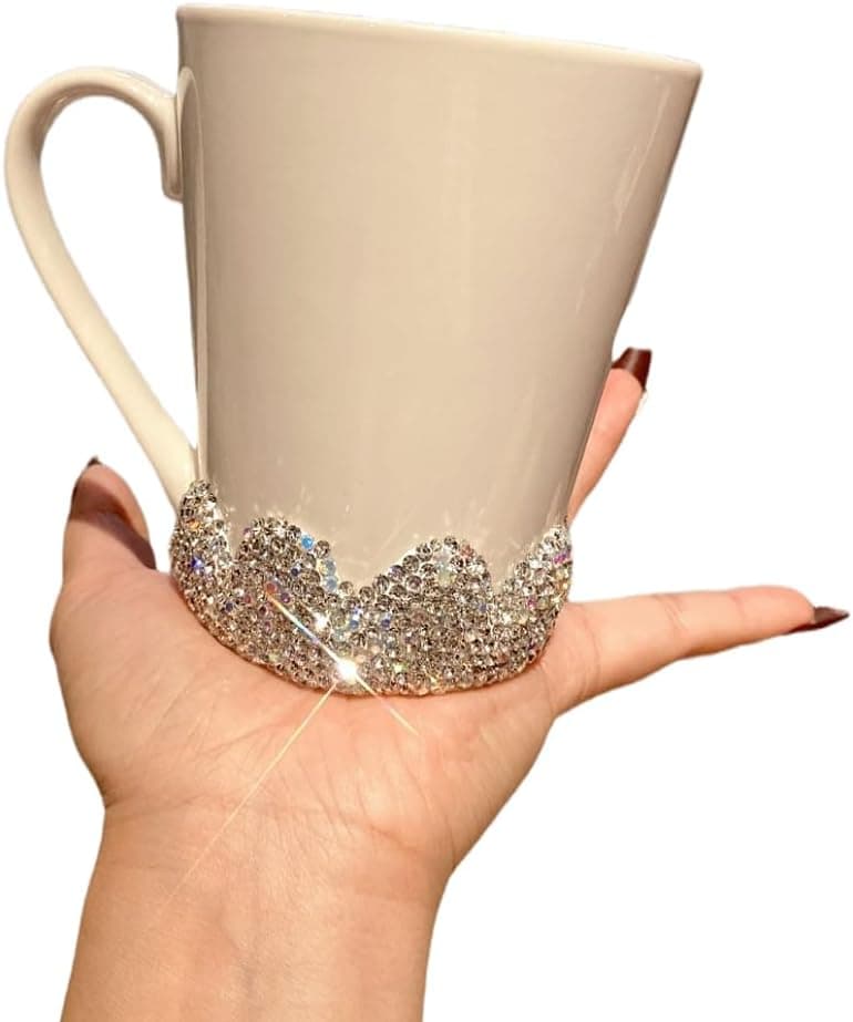 Bling Elegant Ceramic Coffee Mug with Sparkling Rhinestones 300ml Stylish Water Cup for Home Office Portable Breakfast Milk Tea Cup Silver