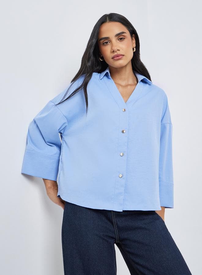 Styli Solid Flared Sleeve Buttoned Short — XXL