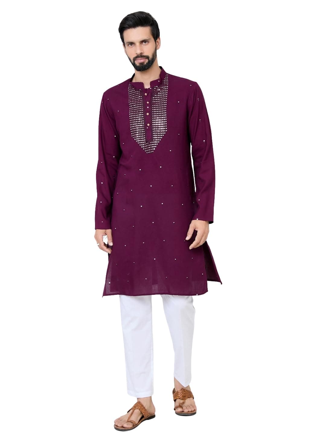 See Designs Men's Full Sleeve Mandarin Collar Purple Sequins Embroidered Rayon Straight Long Kurta with Yoke Design - Festive Collection | - SDKT3132L
