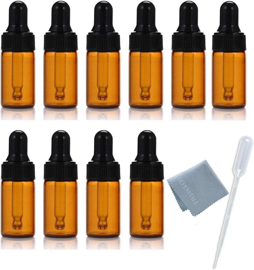 ELFENSTALL- 10pcs 10ml 1/3oz Amber Mini Glass Bottle Amber Sample Vial Small Essential Oil Bottle with Glass Eye Dropper Refillable Containers + 1pc Glass Clean Cloth + 1pc 3ml Dropper