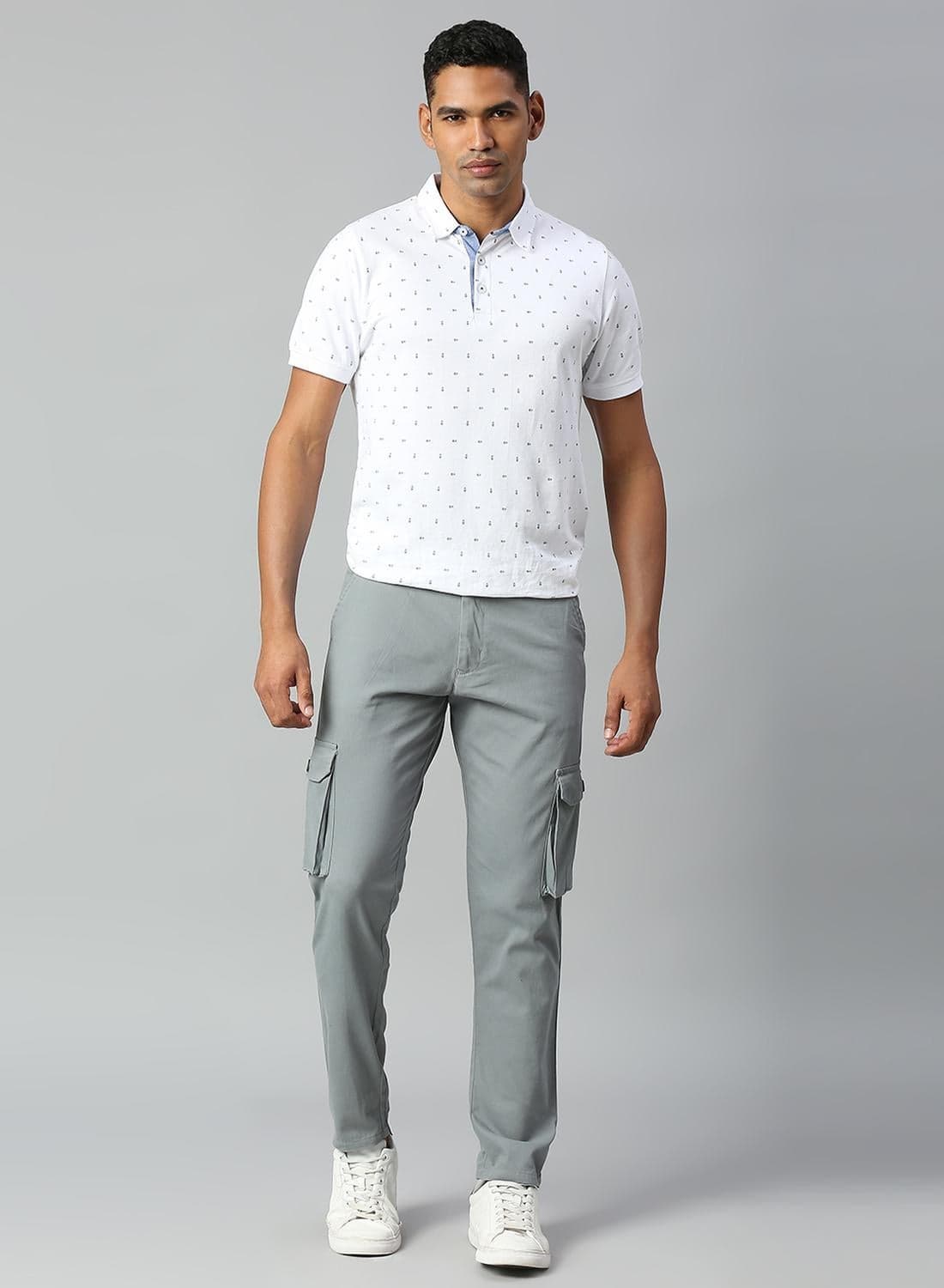 Men's Aqua 100% Cotton Solid Full Length Cargo Tapered Fit Trouser