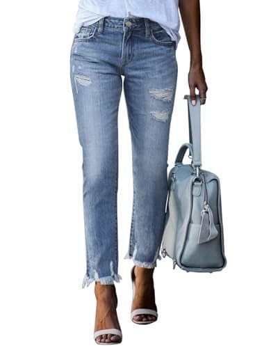 EVALESS Womens Jeans Stretchy High Waisted Pull On Ripped Distressed Jean Tummy Control Straight Ankle Denim Pants Sky Blue Size 12