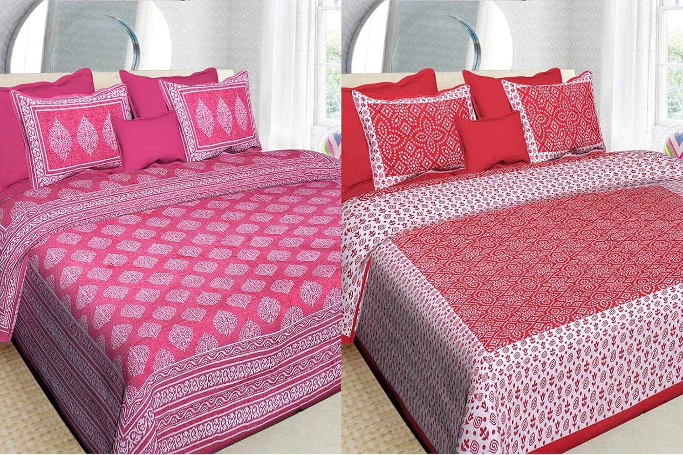UNIBLISS 100 Cotton Rajasthani Jaipuri Sanganeri Combo Double Bed Set of 2 Double Bedsheets with 4 Pillow Covers Multi_063