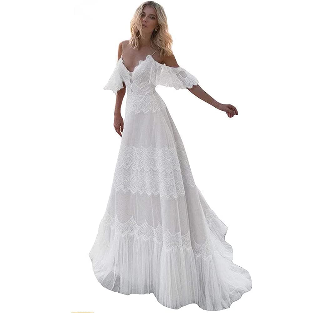 Sorayan Womens Wedding Dresses Chic Lace Evening Dresses V Neck Ruffle Sleeves Beachy Boho Outdoorsy Wedding GownsWhiteXXL