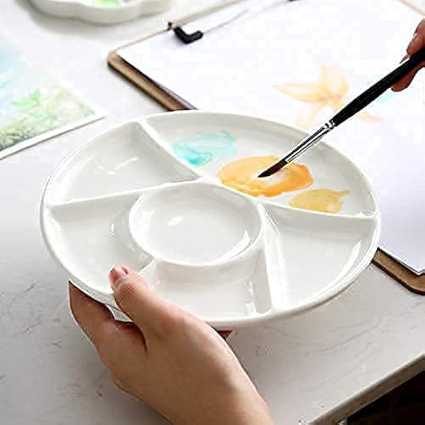 Ceramic Artist Paint PalletTrayPaletteEasy to Clean Porcelain Mixing Tray for Watercolor Gouache Painting6 Wells8 inch White Round