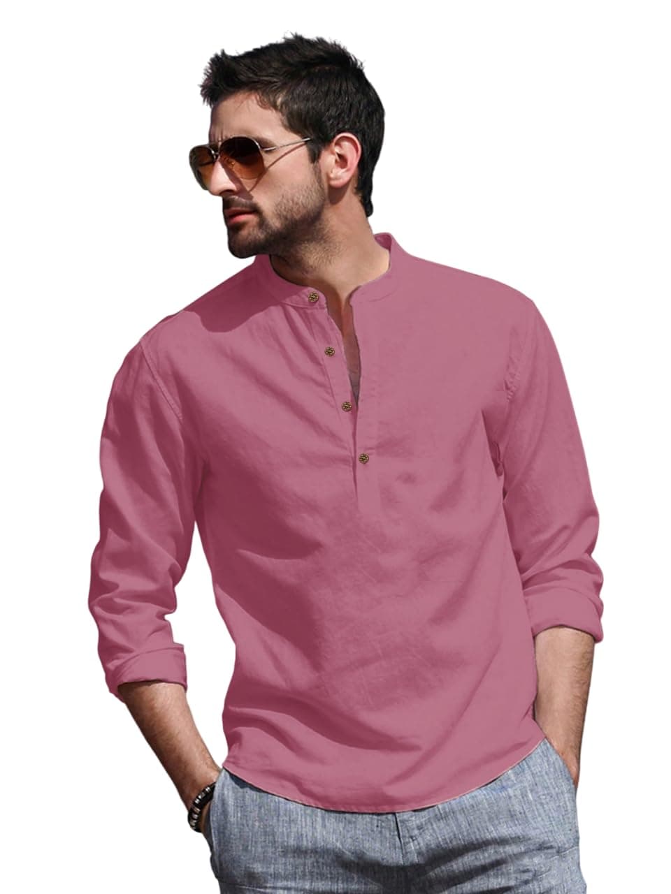 BE ACTIVE Men's Cotton Solid Regular Fit Full Sleeve Short Kurta | Mandarin Collar Ethnic Kurta for Daily and Occasion Use (RF0003 4-M...) Pink