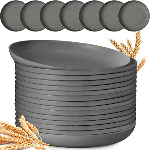 Zopeal 15 Pcs Unbreakable 10 Inch Wheat Straw Plates Set for Fruit Kitchen Salad Dessert Cakes Dish Reusable Plastic Lightweight Deep Dinner Plates Microwave and Dishwasher SafeGray