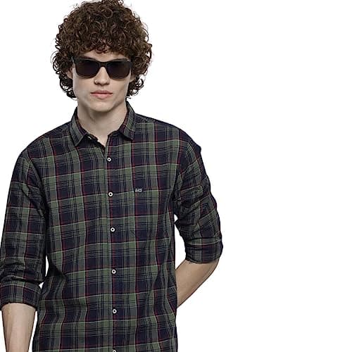 The Indian Garage Co Men's Regular Fit Navy & Olive Cotton Shirt