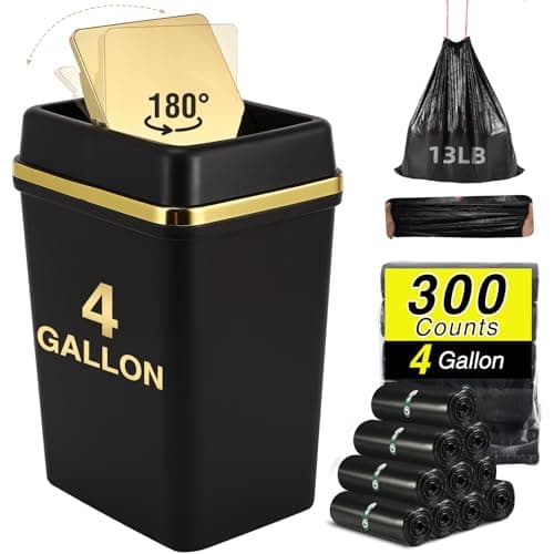 WSBArt Bathroom Trash Can with Lid 4 Gallon Trash Can with Swing Lid Small Garbage Can Black Bathroom Trash Can with 300 Counts Trash Bags for Kitchen Bedroom Office Dorm