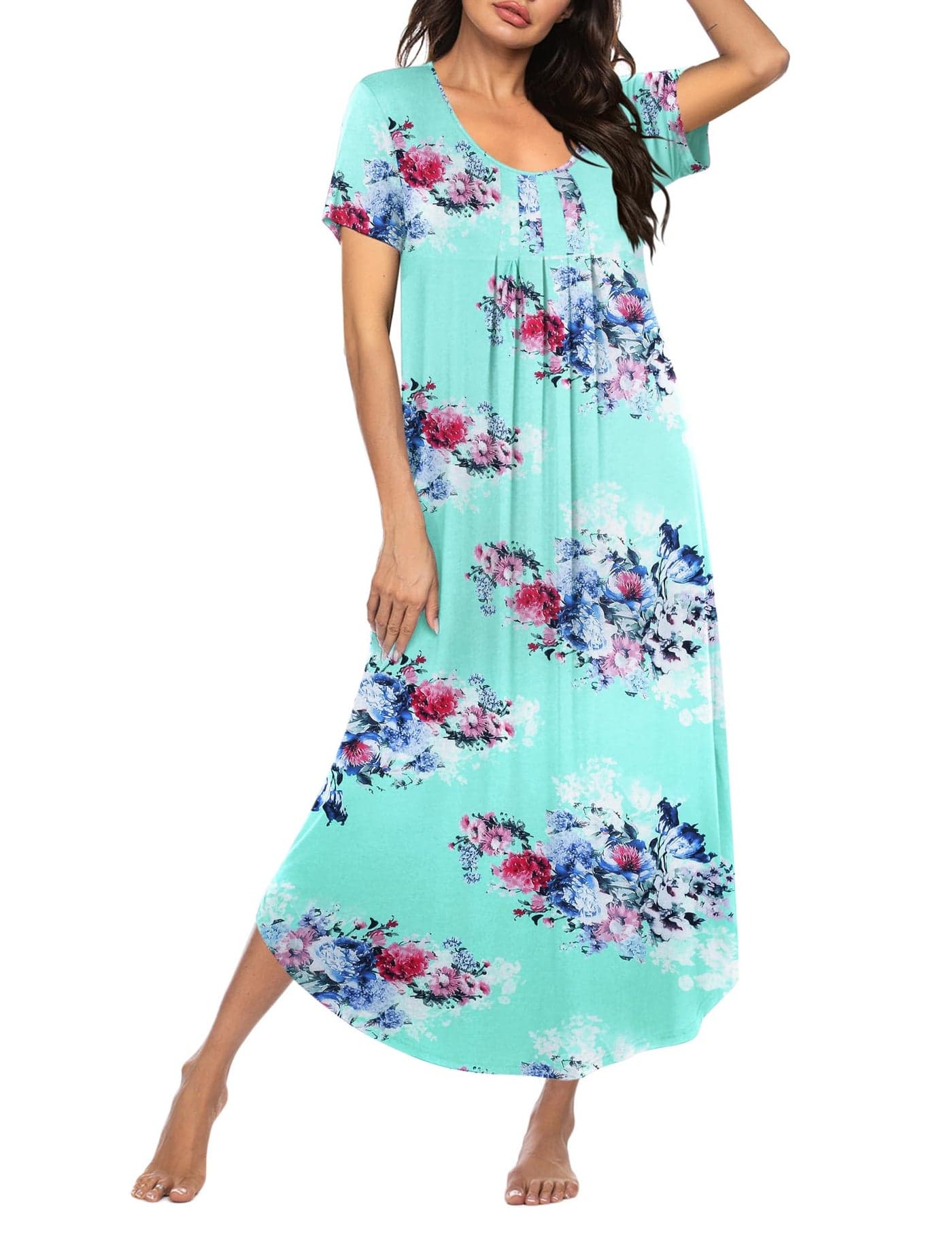 Ekouaer Long Nightgowns for Women Soft House Dress Pleated Front Nightshirt Full Length Loungwear Blue Flower XXL