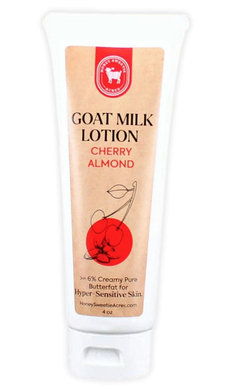Honey Sweetie Acres Fresh Off The Goat AllNatural Goat Milk Body Lotion is a crueltyfree handmade lotion that hydrates and moisturizes Made in the USA 4 Oz Cherry Almond