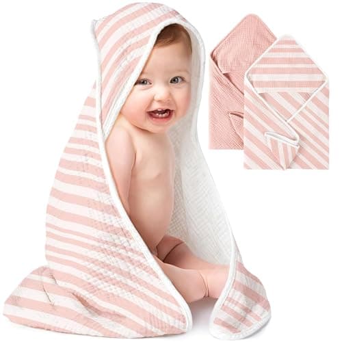Konssy 2Pack Muslin Hooded Baby Towels 100 Cotton UltraSoft Absorbent Baby Bath Towels with Hood for Newborn Infant Pink Stripe 32 x 32