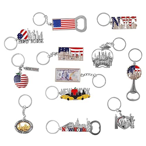 Spark 12-Pack New York City Souvenir Keychains – 3D Silver Metal NYC Landmark Set with Statue of Liberty, Empire State Building, Freedom Tower, Taxi Cab, USA Flag & Bottle Openers
