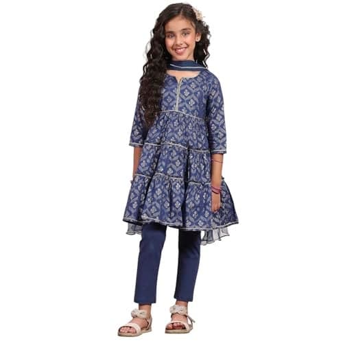 Biba Girl's Blue Cotton Tiered Printed Kurta Churidar Set