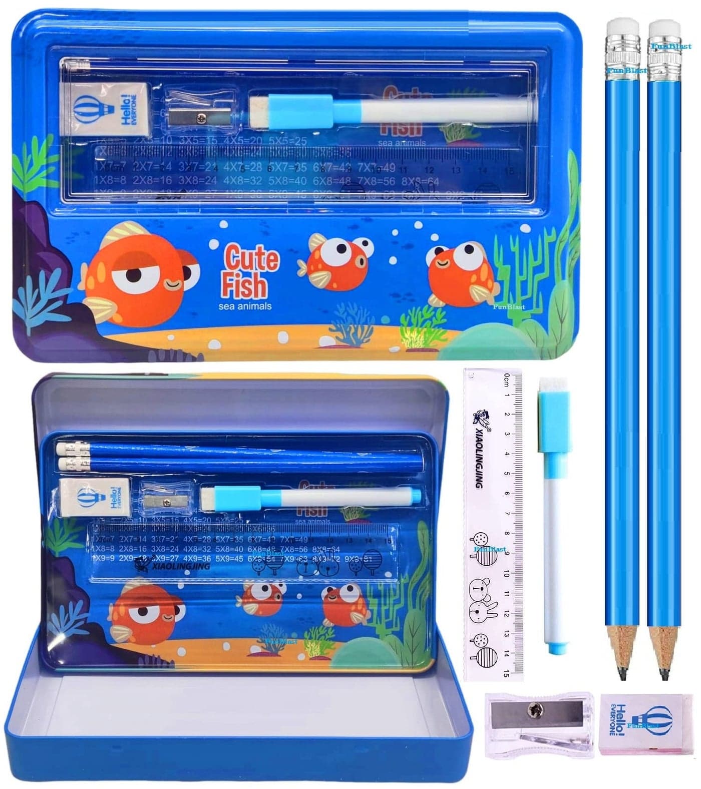 FunBlast Cute Fish Metal Pencil Box Case with Stationery Set, Double Layer Pencil Case Organizer for Kids, Boys, Girls (Multicolor)