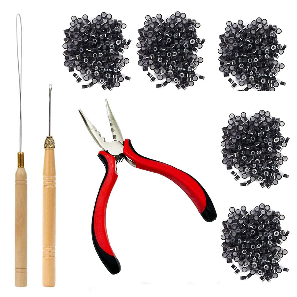 Hair Extensions Tools Kit Professional Hair Styling Tools Accessory 500 Pcs Micro Ring Beads 1 Hair Extension Plier 2 Hook Needle Pulling Loop Hair Extensions Bead Device Black