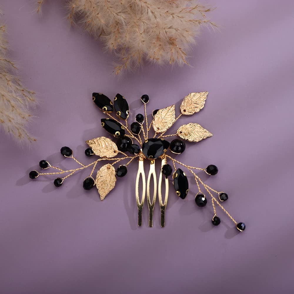 JWICOS Beaded Crystal Bridal Hair Comb with Hair Accessories for Brides and Bridesmaids Gold Black