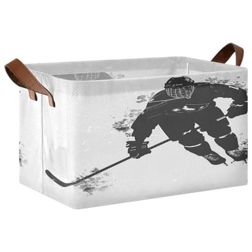 ALAZA Black White Ice Hockey Player Rectangular Closet Storage Box Storage Bin Basket Storage Cube with Leather Handles Nursery Storage Laundry Hamper 1 Piece