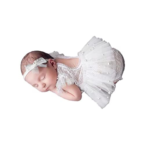 Newborn Photography Outfits Girl Baby Photo Tutu Dress Newborn Photoshoot Romper Baby Picture Bodysuit Lace Outfit (White)